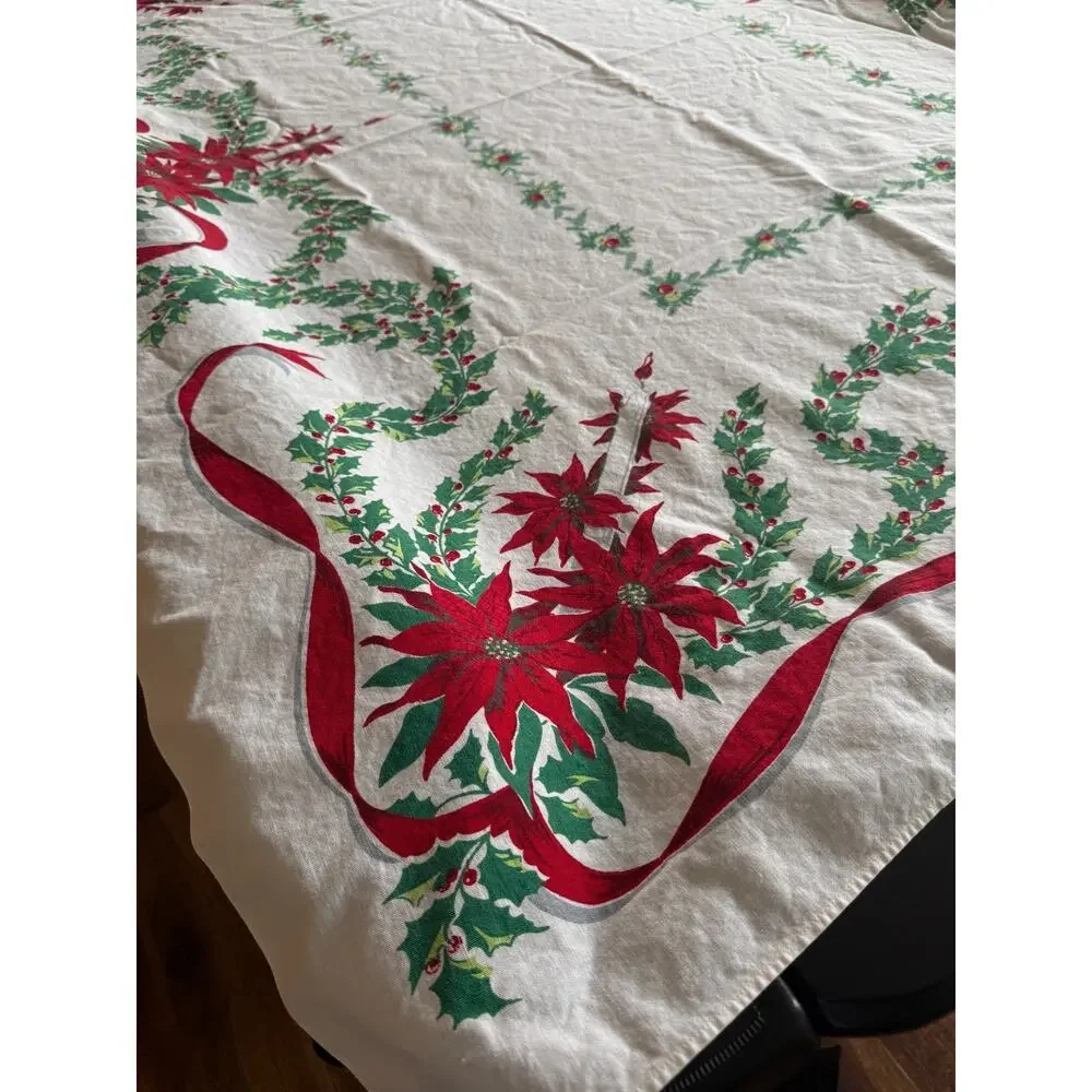 Christmas Woven Poinsettia Holly Tablecloth Cotton Holiday Décor 75x112